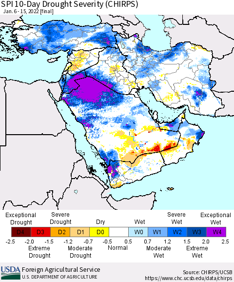 Middle East and Turkey SPI 10-Day Drought Severity (CHIRPS) Thematic Map For 1/6/2022 - 1/15/2022
