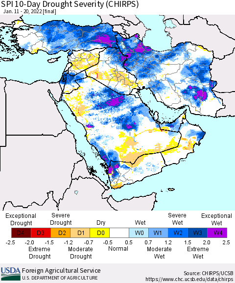 Middle East and Turkey SPI 10-Day Drought Severity (CHIRPS) Thematic Map For 1/11/2022 - 1/20/2022