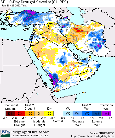 Middle East and Turkey SPI 10-Day Drought Severity (CHIRPS) Thematic Map For 1/16/2022 - 1/25/2022