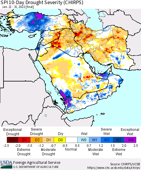 Middle East and Turkey SPI 10-Day Drought Severity (CHIRPS) Thematic Map For 1/21/2022 - 1/31/2022