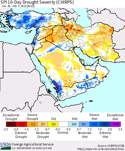 Middle East and Turkey SPI 10-Day Drought Severity (CHIRPS) Thematic Map For 1/26/2022 - 2/5/2022