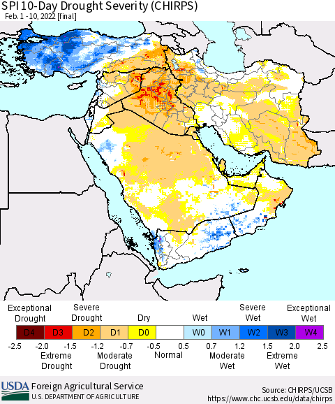 Middle East and Turkey SPI 10-Day Drought Severity (CHIRPS) Thematic Map For 2/1/2022 - 2/10/2022
