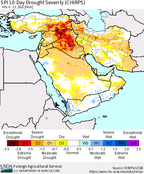 Middle East and Turkey SPI 10-Day Drought Severity (CHIRPS) Thematic Map For 2/6/2022 - 2/15/2022