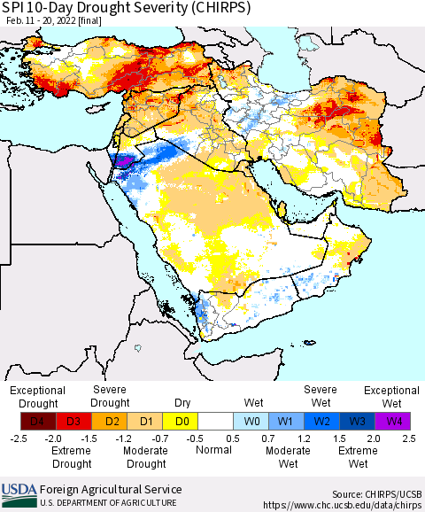 Middle East and Turkey SPI 10-Day Drought Severity (CHIRPS) Thematic Map For 2/11/2022 - 2/20/2022