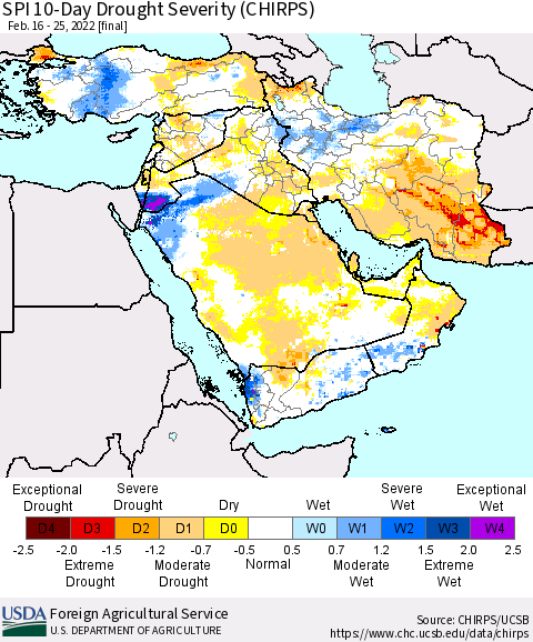 Middle East and Turkey SPI 10-Day Drought Severity (CHIRPS) Thematic Map For 2/16/2022 - 2/25/2022