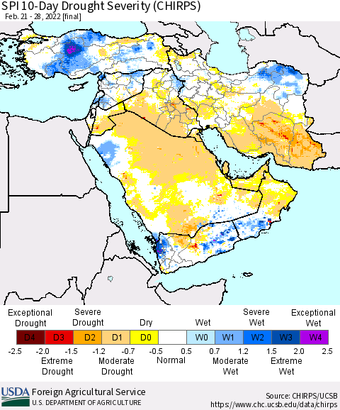 Middle East and Turkey SPI 10-Day Drought Severity (CHIRPS) Thematic Map For 2/21/2022 - 2/28/2022
