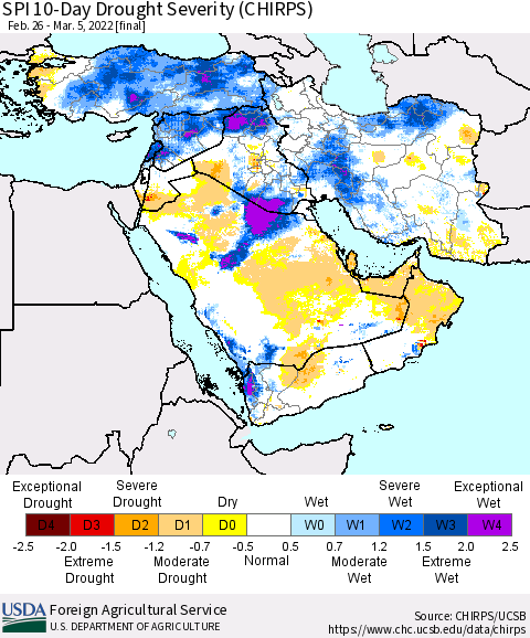 Middle East and Turkey SPI 10-Day Drought Severity (CHIRPS) Thematic Map For 2/26/2022 - 3/5/2022