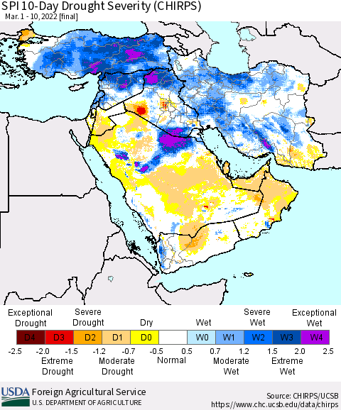 Middle East and Turkey SPI 10-Day Drought Severity (CHIRPS) Thematic Map For 3/1/2022 - 3/10/2022