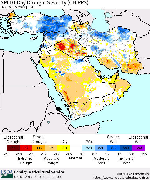 Middle East and Turkey SPI 10-Day Drought Severity (CHIRPS) Thematic Map For 3/6/2022 - 3/15/2022