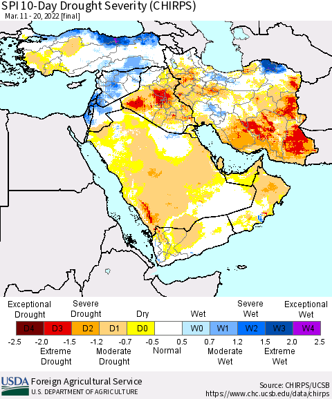 Middle East and Turkey SPI 10-Day Drought Severity (CHIRPS) Thematic Map For 3/11/2022 - 3/20/2022