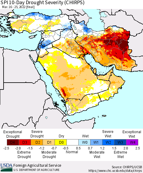 Middle East and Turkey SPI 10-Day Drought Severity (CHIRPS) Thematic Map For 3/16/2022 - 3/25/2022