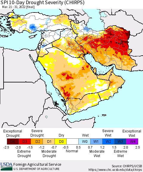 Middle East and Turkey SPI 10-Day Drought Severity (CHIRPS) Thematic Map For 3/21/2022 - 3/31/2022