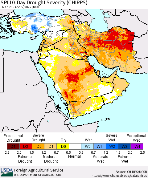 Middle East and Turkey SPI 10-Day Drought Severity (CHIRPS) Thematic Map For 3/26/2022 - 4/5/2022