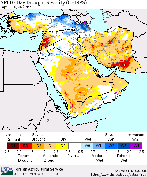 Middle East and Turkey SPI 10-Day Drought Severity (CHIRPS) Thematic Map For 4/1/2022 - 4/10/2022