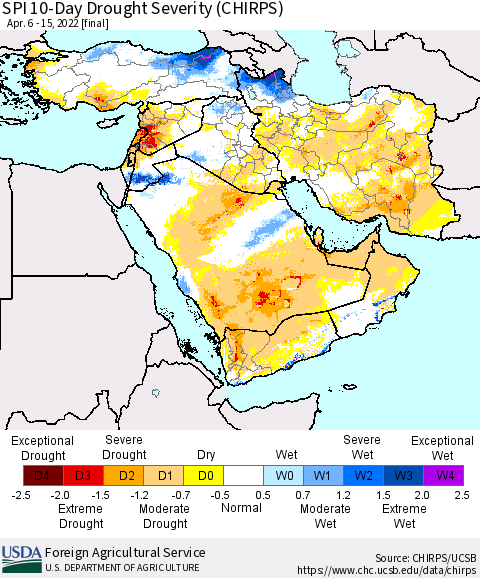Middle East and Turkey SPI 10-Day Drought Severity (CHIRPS) Thematic Map For 4/6/2022 - 4/15/2022
