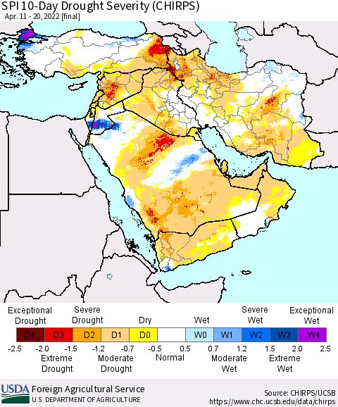 Middle East and Turkey SPI 10-Day Drought Severity (CHIRPS) Thematic Map For 4/11/2022 - 4/20/2022