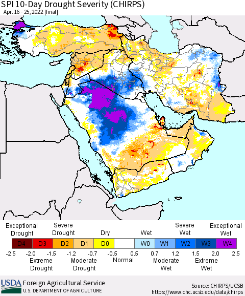 Middle East and Turkey SPI 10-Day Drought Severity (CHIRPS) Thematic Map For 4/16/2022 - 4/25/2022