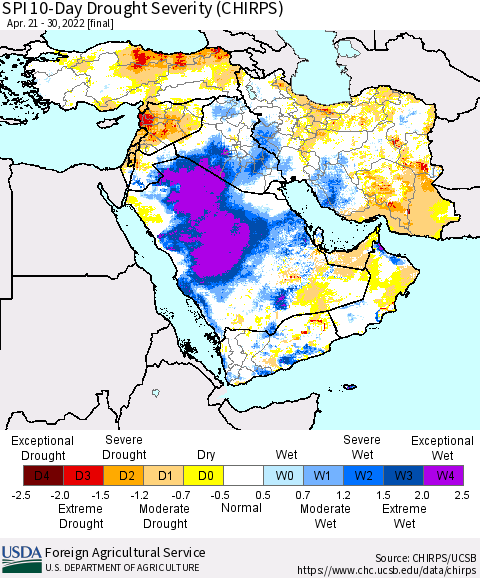 Middle East and Turkey SPI 10-Day Drought Severity (CHIRPS) Thematic Map For 4/21/2022 - 4/30/2022