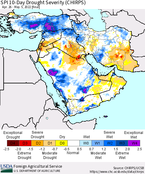 Middle East and Turkey SPI 10-Day Drought Severity (CHIRPS) Thematic Map For 4/26/2022 - 5/5/2022