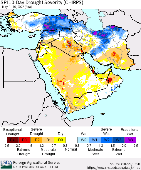 Middle East and Turkey SPI 10-Day Drought Severity (CHIRPS) Thematic Map For 5/1/2022 - 5/10/2022