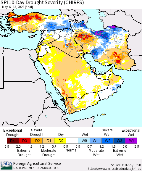Middle East and Turkey SPI 10-Day Drought Severity (CHIRPS) Thematic Map For 5/6/2022 - 5/15/2022
