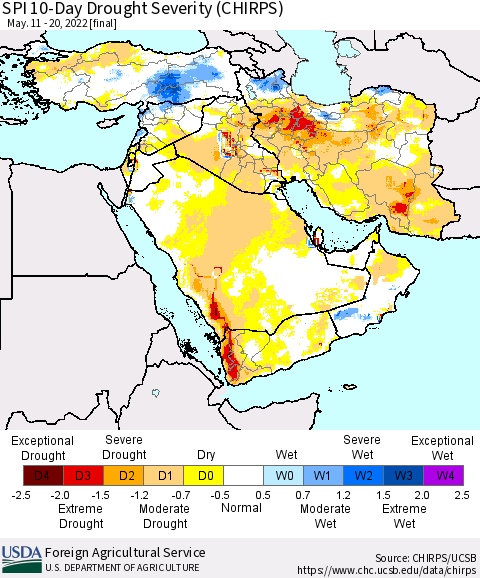 Middle East and Turkey SPI 10-Day Drought Severity (CHIRPS) Thematic Map For 5/11/2022 - 5/20/2022