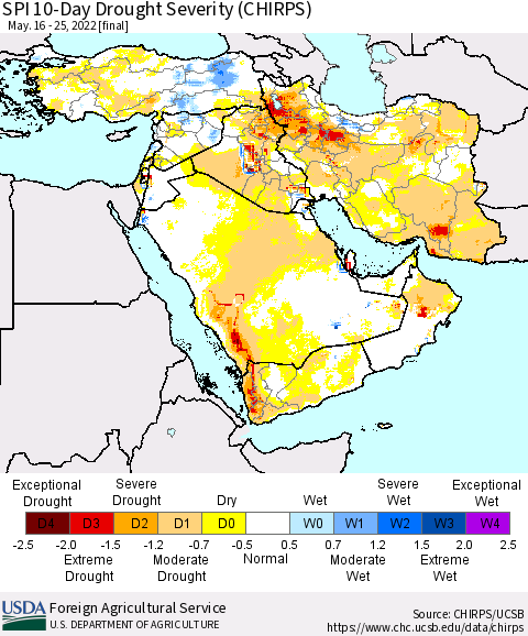 Middle East and Turkey SPI 10-Day Drought Severity (CHIRPS) Thematic Map For 5/16/2022 - 5/25/2022
