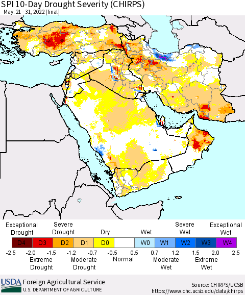 Middle East and Turkey SPI 10-Day Drought Severity (CHIRPS) Thematic Map For 5/21/2022 - 5/31/2022