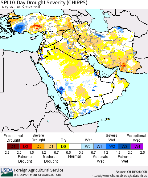 Middle East and Turkey SPI 10-Day Drought Severity (CHIRPS) Thematic Map For 5/26/2022 - 6/5/2022