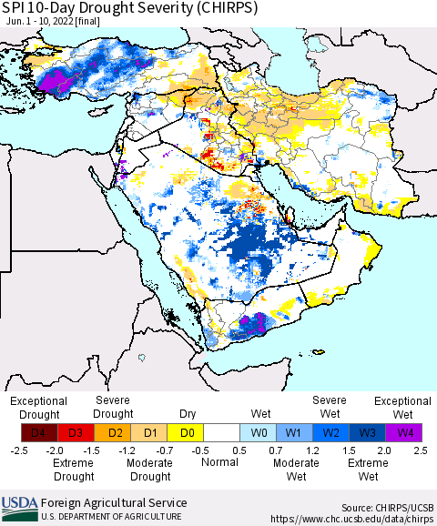 Middle East and Turkey SPI 10-Day Drought Severity (CHIRPS) Thematic Map For 6/1/2022 - 6/10/2022
