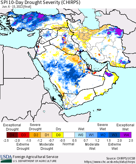 Middle East and Turkey SPI 10-Day Drought Severity (CHIRPS) Thematic Map For 6/6/2022 - 6/15/2022