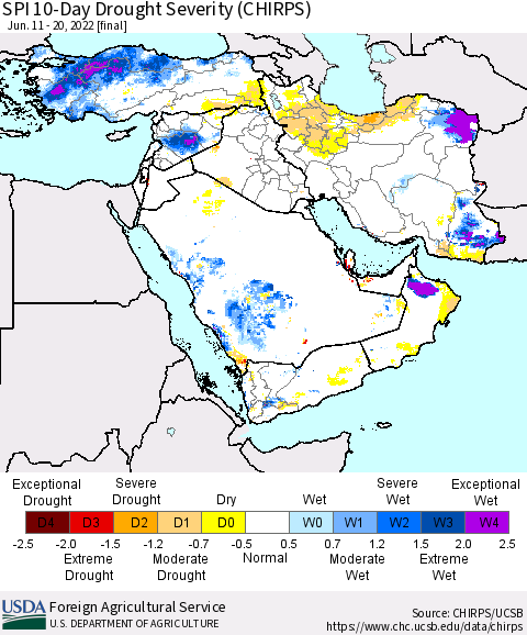 Middle East and Turkey SPI 10-Day Drought Severity (CHIRPS) Thematic Map For 6/11/2022 - 6/20/2022