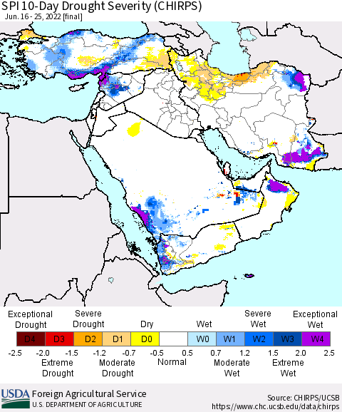 Middle East and Turkey SPI 10-Day Drought Severity (CHIRPS) Thematic Map For 6/16/2022 - 6/25/2022