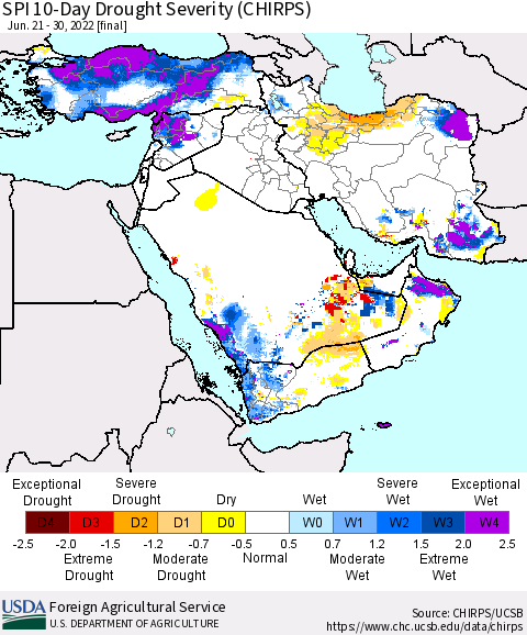 Middle East and Turkey SPI 10-Day Drought Severity (CHIRPS) Thematic Map For 6/21/2022 - 6/30/2022