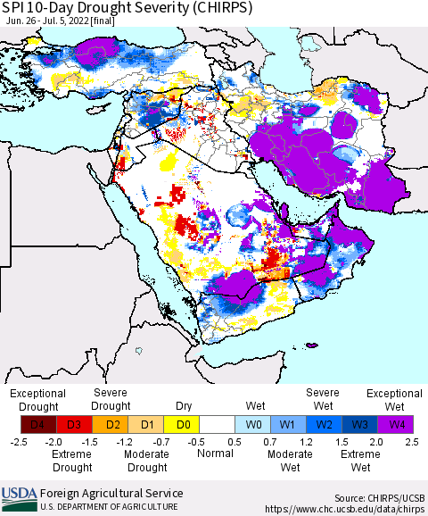 Middle East and Turkey SPI 10-Day Drought Severity (CHIRPS) Thematic Map For 6/26/2022 - 7/5/2022