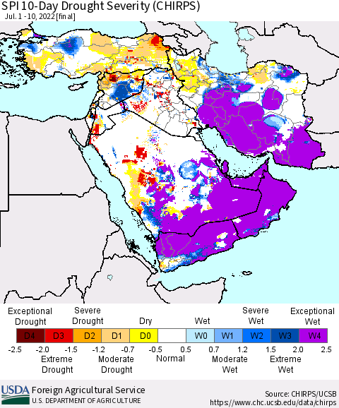 Middle East and Turkey SPI 10-Day Drought Severity (CHIRPS) Thematic Map For 7/1/2022 - 7/10/2022