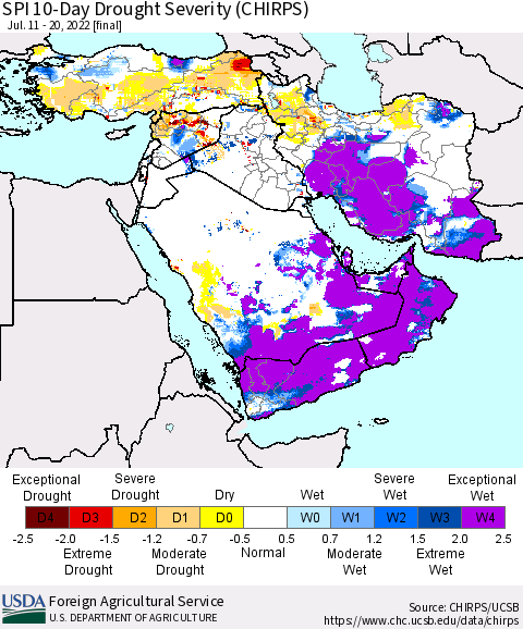 Middle East and Turkey SPI 10-Day Drought Severity (CHIRPS) Thematic Map For 7/11/2022 - 7/20/2022