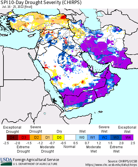 Middle East and Turkey SPI 10-Day Drought Severity (CHIRPS) Thematic Map For 7/16/2022 - 7/25/2022