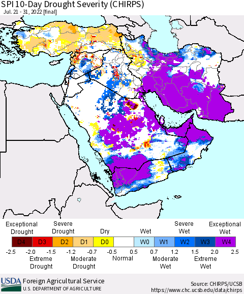 Middle East and Turkey SPI 10-Day Drought Severity (CHIRPS) Thematic Map For 7/21/2022 - 7/31/2022