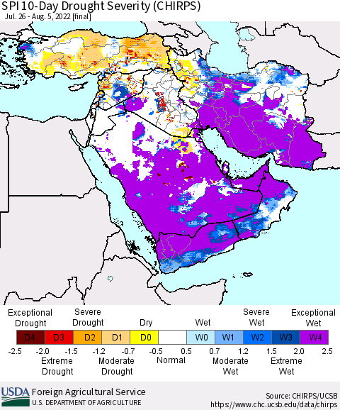 Middle East and Turkey SPI 10-Day Drought Severity (CHIRPS) Thematic Map For 7/26/2022 - 8/5/2022
