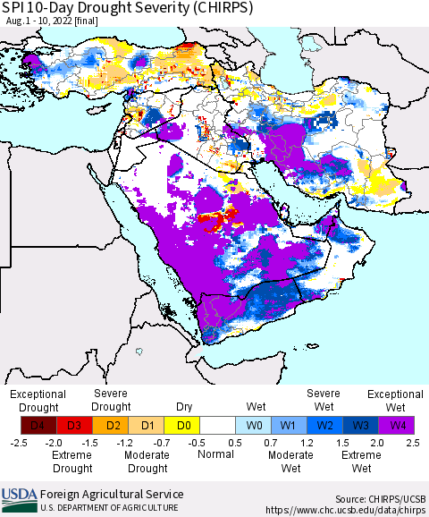 Middle East and Turkey SPI 10-Day Drought Severity (CHIRPS) Thematic Map For 8/1/2022 - 8/10/2022