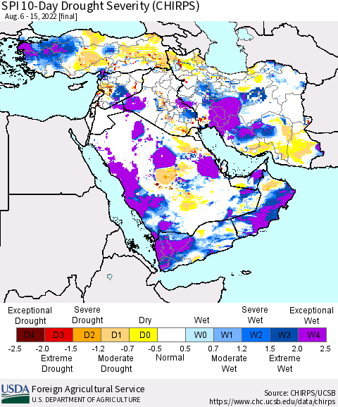 Middle East and Turkey SPI 10-Day Drought Severity (CHIRPS) Thematic Map For 8/6/2022 - 8/15/2022