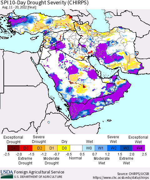 Middle East and Turkey SPI 10-Day Drought Severity (CHIRPS) Thematic Map For 8/11/2022 - 8/20/2022