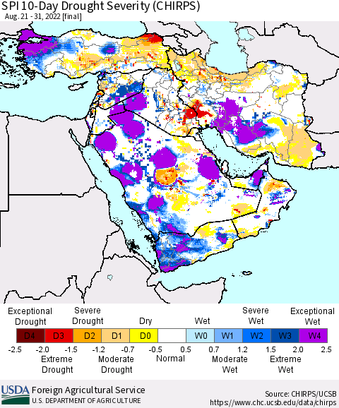 Middle East and Turkey SPI 10-Day Drought Severity (CHIRPS) Thematic Map For 8/21/2022 - 8/31/2022