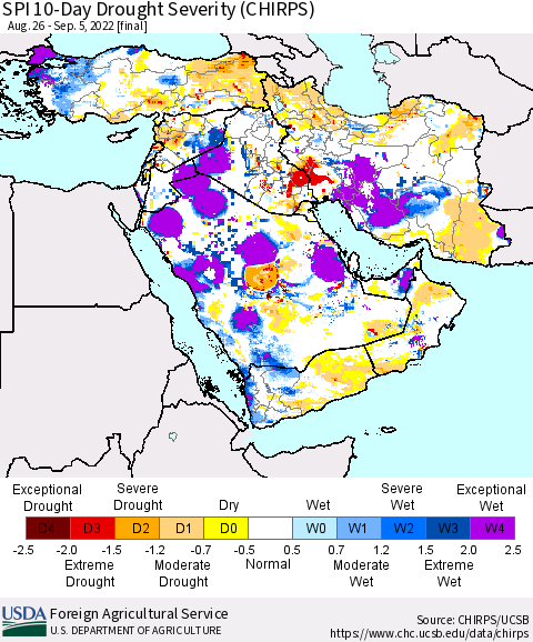 Middle East and Turkey SPI 10-Day Drought Severity (CHIRPS) Thematic Map For 8/26/2022 - 9/5/2022