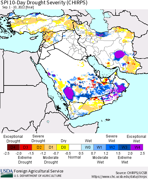 Middle East and Turkey SPI 10-Day Drought Severity (CHIRPS) Thematic Map For 9/1/2022 - 9/10/2022