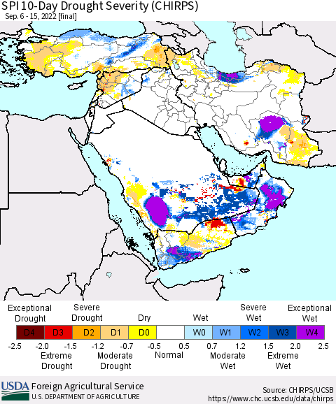 Middle East and Turkey SPI 10-Day Drought Severity (CHIRPS) Thematic Map For 9/6/2022 - 9/15/2022