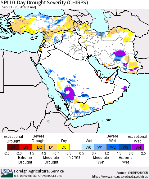 Middle East and Turkey SPI 10-Day Drought Severity (CHIRPS) Thematic Map For 9/11/2022 - 9/20/2022