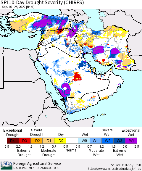 Middle East and Turkey SPI 10-Day Drought Severity (CHIRPS) Thematic Map For 9/16/2022 - 9/25/2022