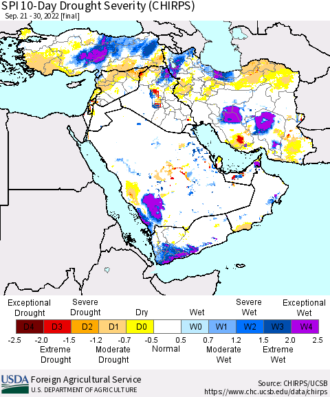 Middle East and Turkey SPI 10-Day Drought Severity (CHIRPS) Thematic Map For 9/21/2022 - 9/30/2022